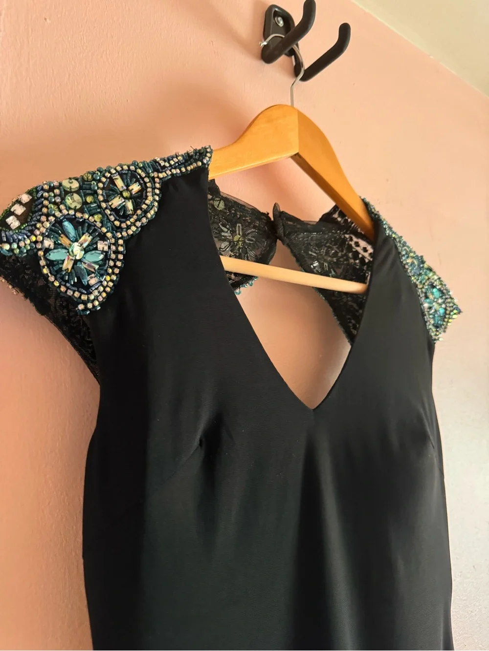 Black Dress with Beaded Blue Shoulder Embellishments - Picture 3 of 3